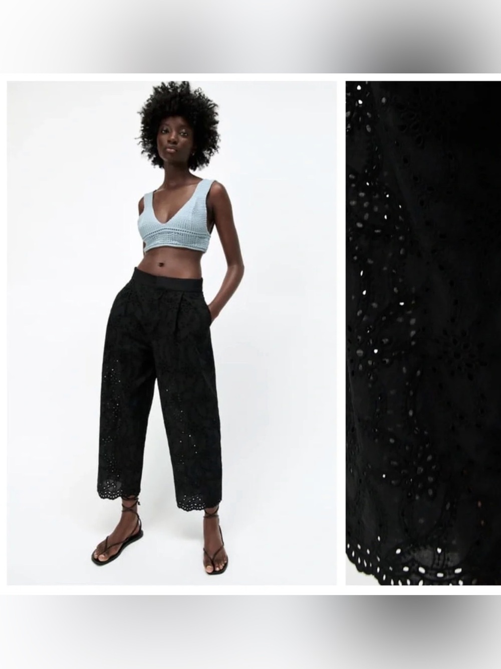 Zara Black Openwork Embroidery Eyelet‎ Cropped Trousers Size L NWT - Picture 2 of 16